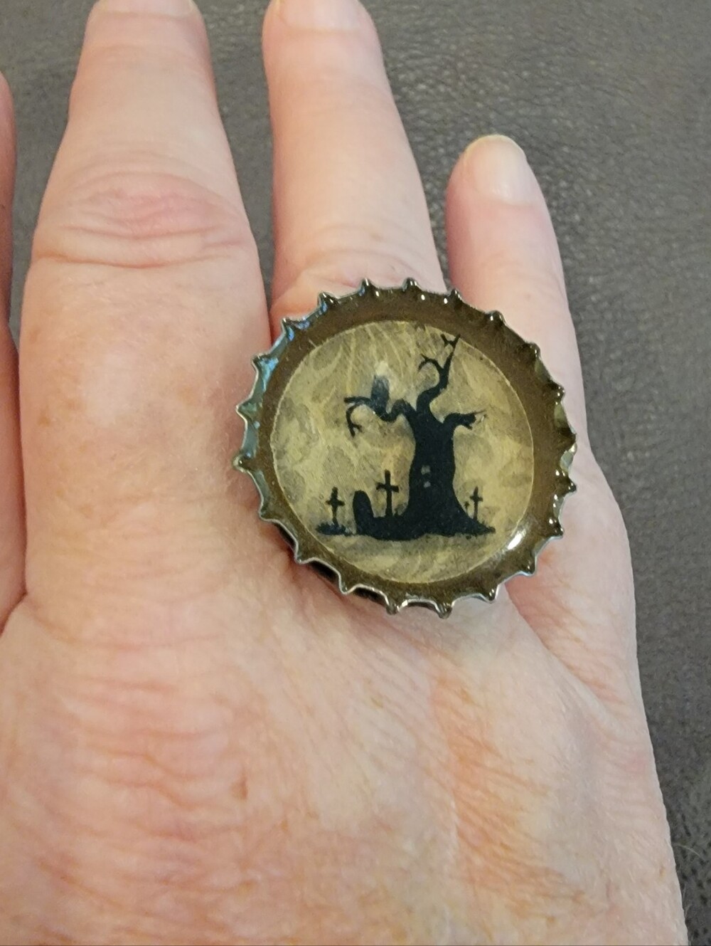 Handmade Halloween Spooky Tree Graveyard Bottlecap Ring